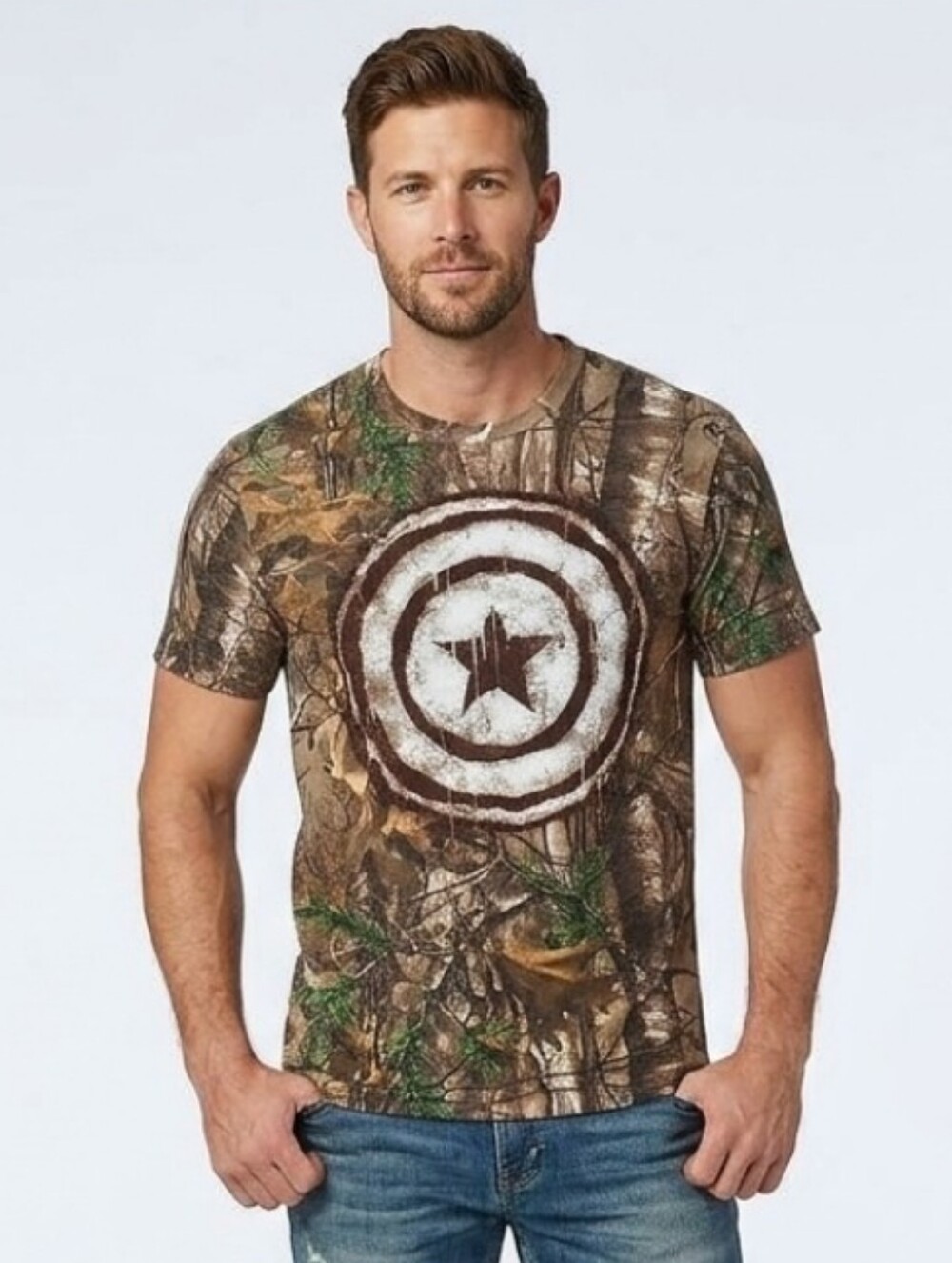 🛍RealTree Marvel Camo Captain American Shield Mens Large Tee C6